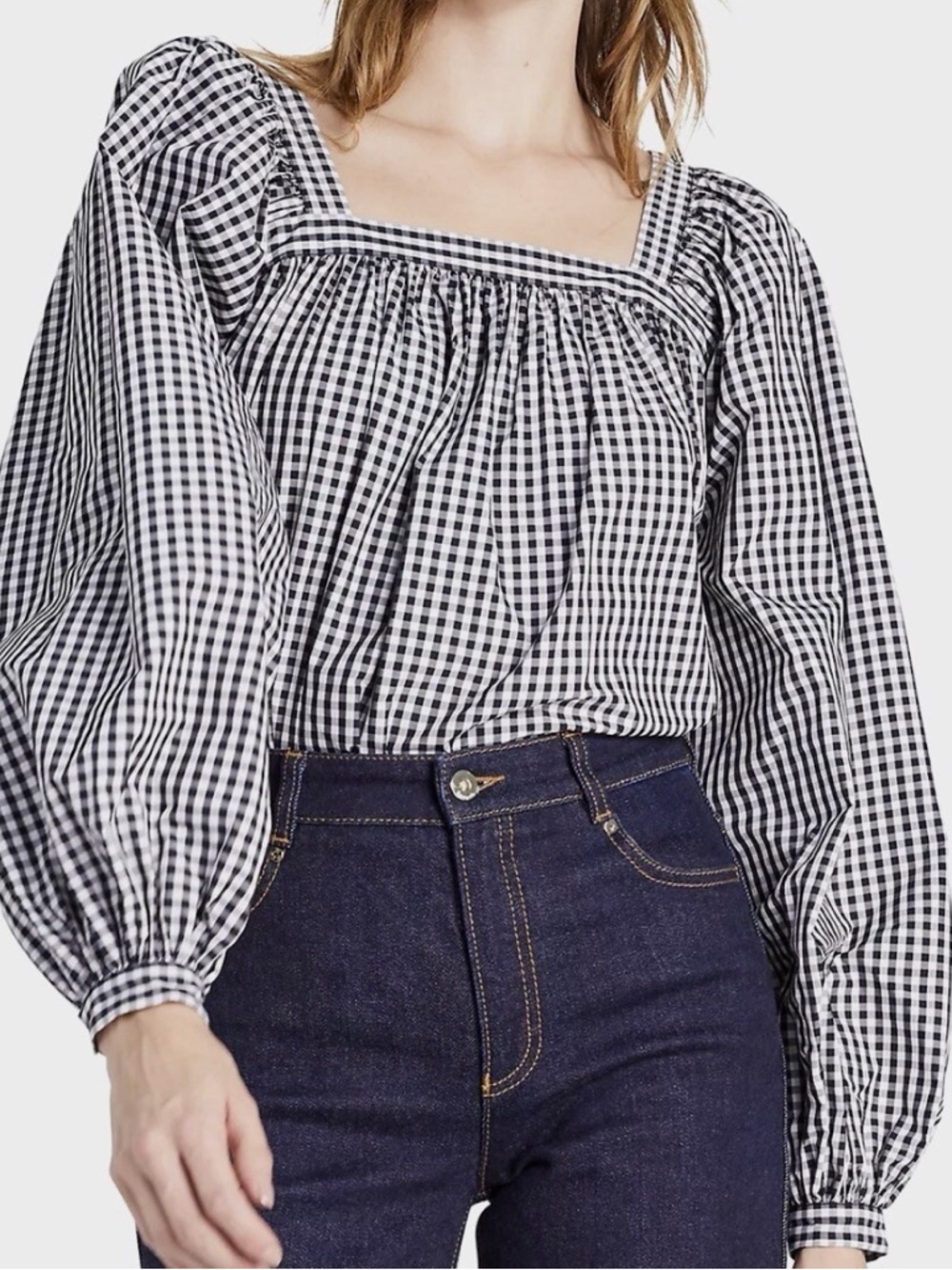 kate spade Black & White Gingham Square-Neck Balloon Sleeve Top